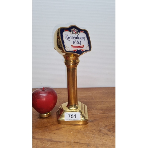 751 - Vintage heavy brass Kronenbourg 1664 beer tap handle, featuring the famous brand.