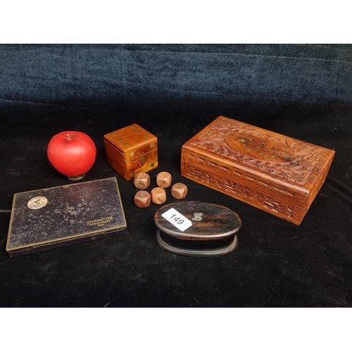 149 - A collection of 4 vintage  boxes including a heavily carved and brass inlay jewellery box, brass inl... 