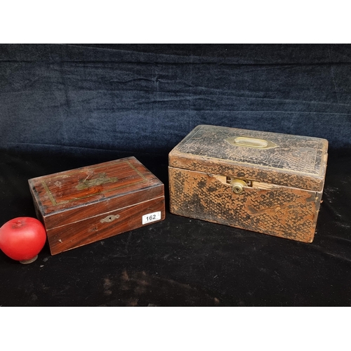 162 - Two beautiful antique jewellery boxes including a 'M.M.' monogramed embossed leather bound Mansfield... 