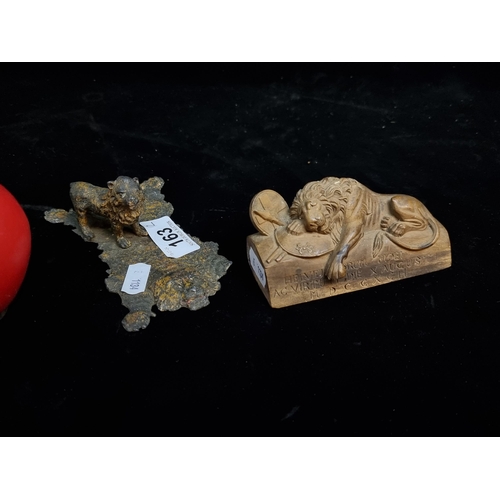 163 - Two lovely antique items including a cold painted bronze of a lion and a hand carved lion of Lucerne... 