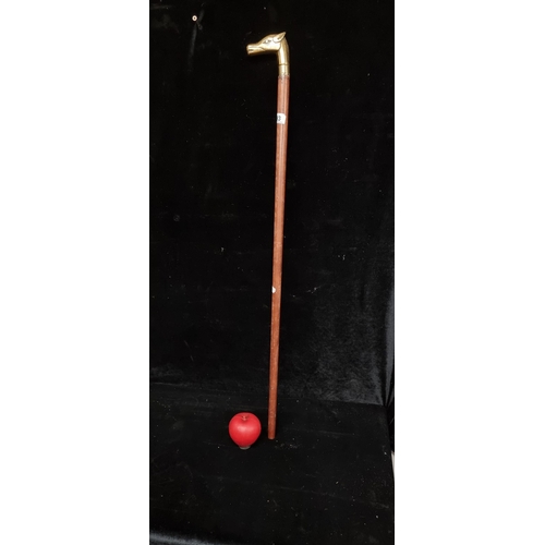 193 - A super very straight wood hiking walking stick featuring a carved brass horse head to top.