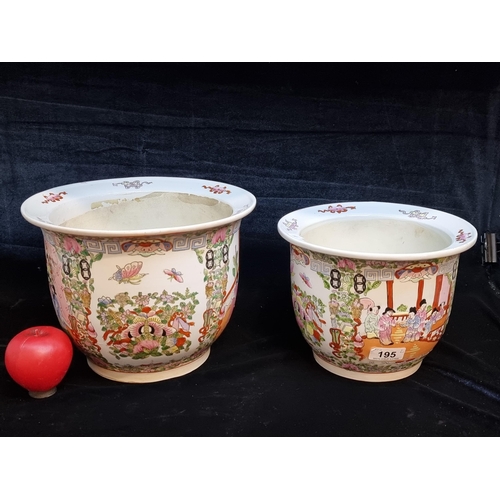 195 - Two beautiful hand painted Chinese jardinieres, decorated with traditional scenes in tones of green,... 