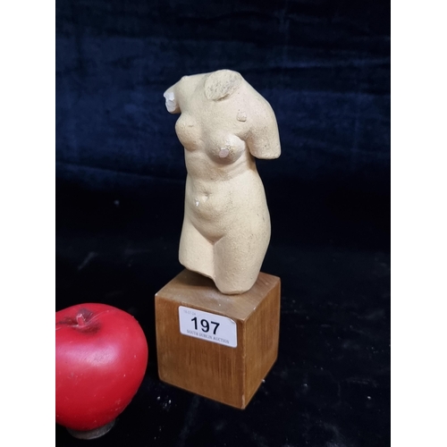 197 - An interesting stone sculpture of Venus  stood on a wooden plinth base.