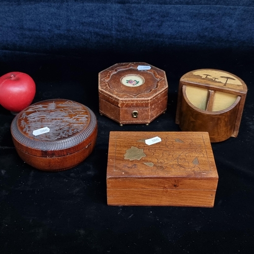 204 - Four nice handmade wooden storage boxes of various shapes and sizes. One gilt embossed leather bound... 