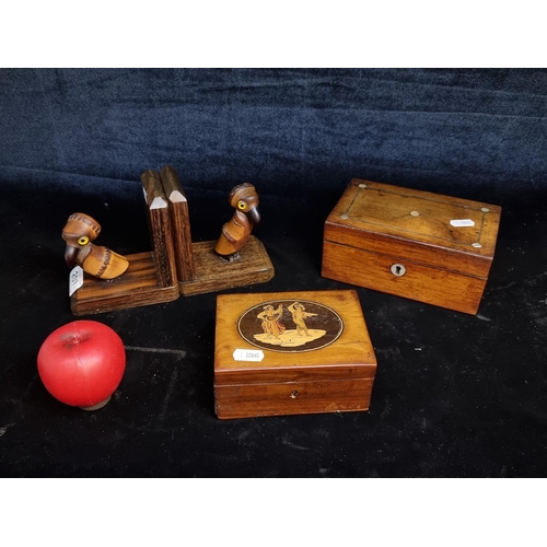 207 - Two small antique wooden storage boxes. One featuring Mother of Pearl inlay, and one with marquetry ... 