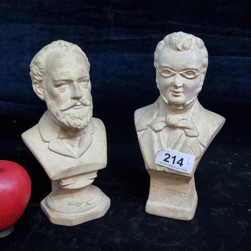 214 - A pair of miniature plaster cast busts of Schubert and Tchaikovsky. Tchaikovsky stamped indistinctly... 