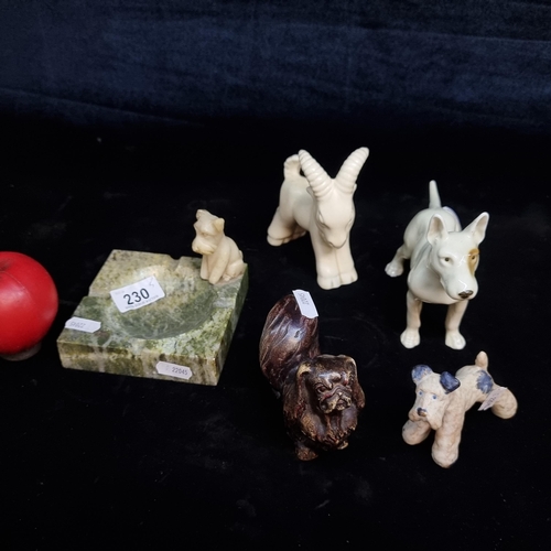 230 - Five charming vintage animal related items including a heavy art deco marble ashtray. Unmarked.