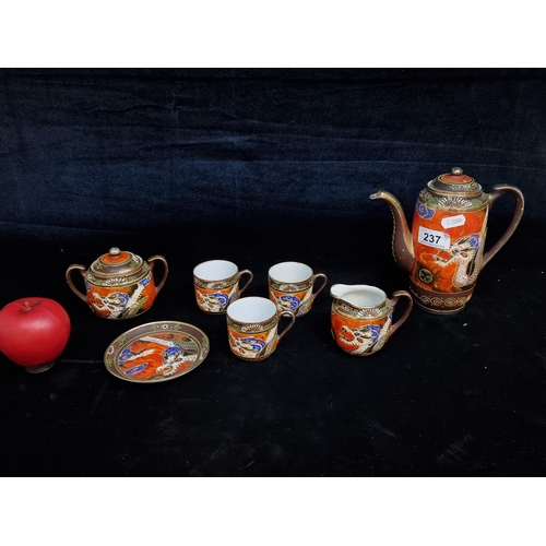 237 - A beautiful vintage hand painted Japanese coffee set comprising of coffee pot, cups, milk jug and su... 