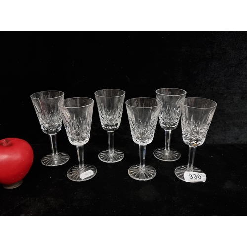 330 - A set of six Waterford Crystal stemmed drinking glasses in the Lismore pattern. All in good conditio... 