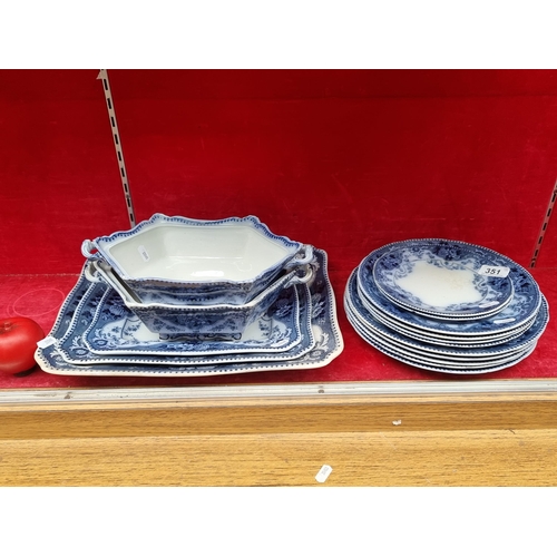 351 - A set 0f 16 antique 19th century blue and white F & Sons Burslem fine porcelain including meat / ser... 