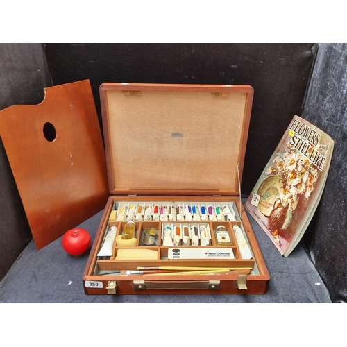 359 - A fab vintage Windsor and Newton wooden artists' box complete with oil paints, linseed oil, brushes ... 