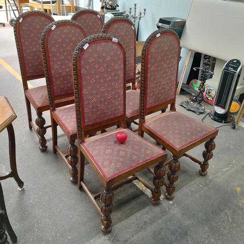 1063 - A wonderful set of six antique sprung dining chairs featuring high backs and upholstered in a tradit... 