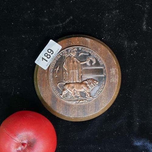 189 - A WWI memorial remembrance plaque to honour the fallen heroes. A mounted widows  penny, The memorial... 