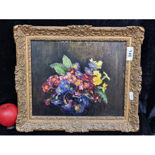 146 - Star Lot: Nan C. Livingston (Scottish, 1876-1952) An original oil on board painting titled 'Primulas... 