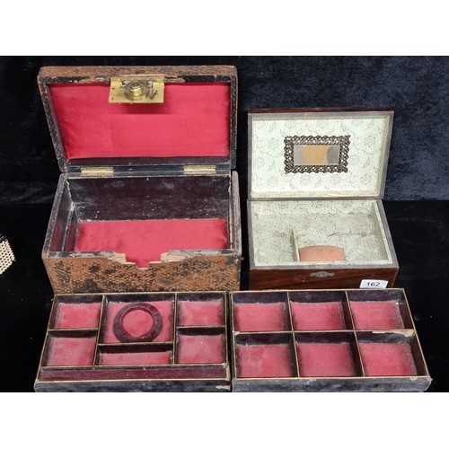 162 - Two beautiful antique jewellery boxes including a 'M.M.' monogramed embossed leather bound Mansfield... 