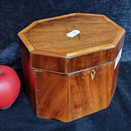 175 - An antique handmade octagonal wooden box with a hinged lid and inlay design to top.