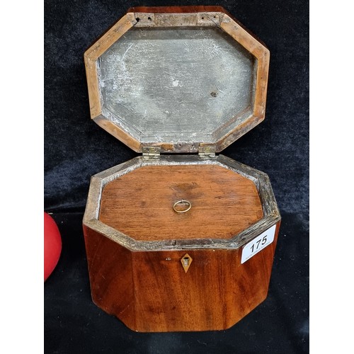 175 - An antique handmade octagonal wooden box with a hinged lid and inlay design to top.