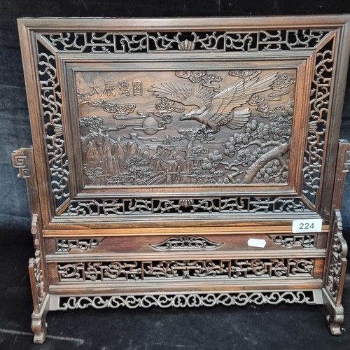 224 - Star Lot : A beautiful antique Chinese carved lacquer table screen boasting exquisitely carved tradi... 