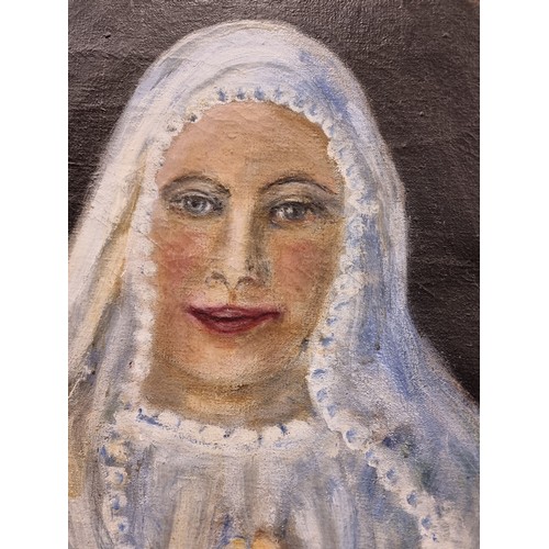 133 - Star Lot: A very large 1960s original oil on canvas painting. Features 'Mother Mary' in a serene pos... 