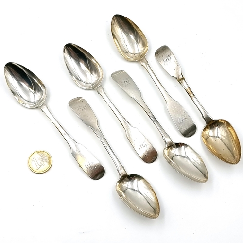 21 - Star Lot : A collection of six Irish silver fiddle pattern dessert spoons set with initials. Hallmar... 