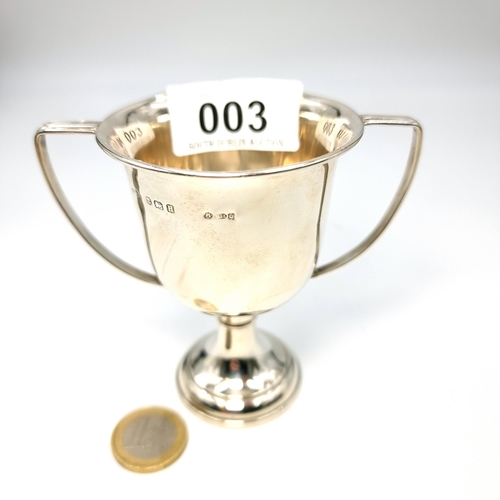 3 - A sterling silver challenge cup set with C handles hallmarked Birmingham. Dimensions: 6.5 cms diamet... 