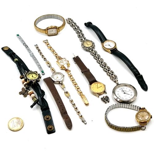 38 - A collection of eight ladies wrist watches together with a Galway pocket watch. Items as per photogr... 