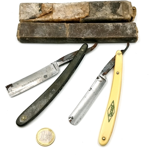 39 - A collection of two antique open cut that razors  shaving items. One with bone handle, one marked ho... 