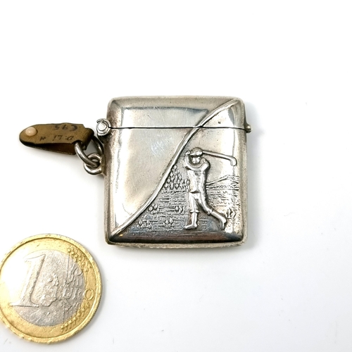 9 - A sterling silver vesta case with golfer design on front's piece. Hallmarked 925. Dimensions: 3.5 x ... 