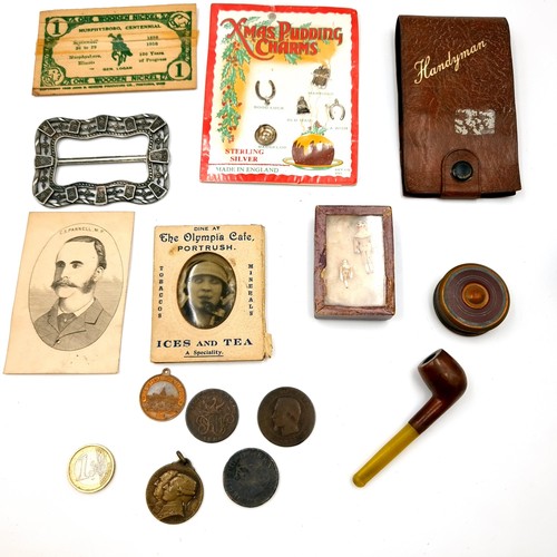 55 - A collection of items consisting of copper coinage also a medallion dated Paris - 1917. Also a metal... 