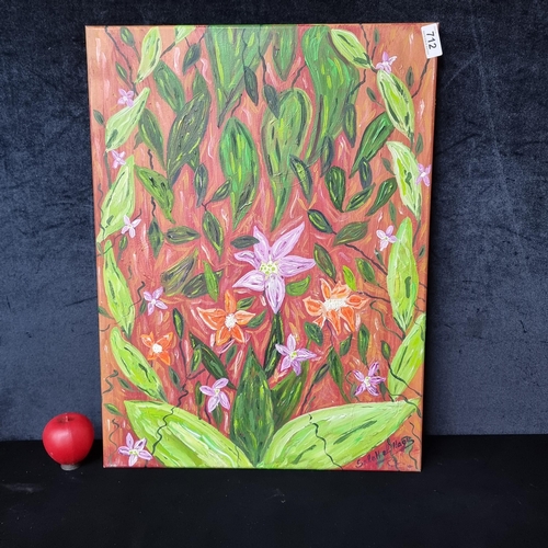 712 - A colourful original oil on canvas painting featuring a botanical study of flowers and foliage. Rend... 