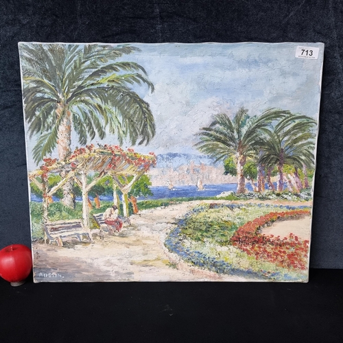 713 - A serene original oil on canvas painting featuring a Mediterranean Monte Carlo coastal landscape. Re... 