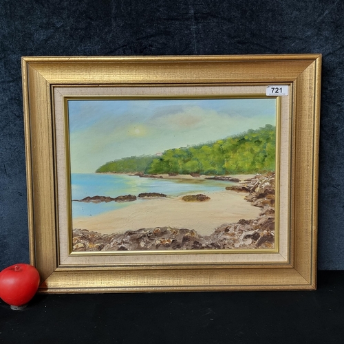 721 - Star Lot: An original 'E. Cripps' serene oil on board painting titled 'Portolet Bay 1986'. Features ... 