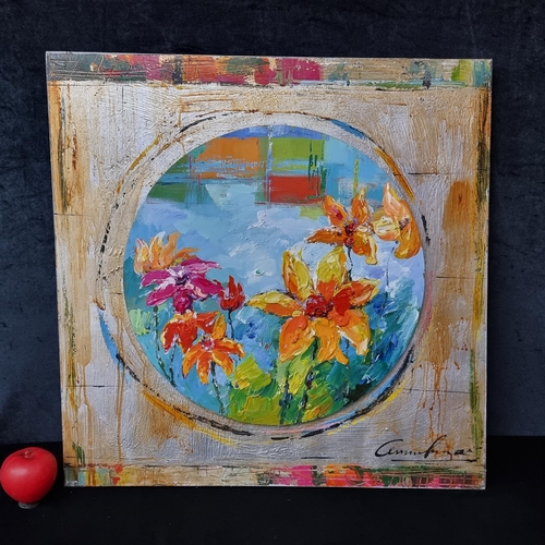 726 - An original vibrant oil on circular board painting. Features daffodils. Rendered in rich lively tone... 