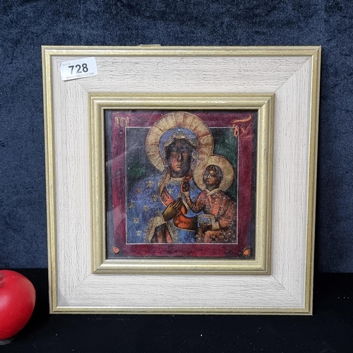 728 - An elegant hand colouring / painting on print titled 'Madonna and Child'. Features a byzantine style... 