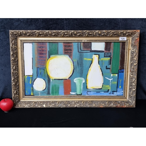 729 - Star Lot: A lively original oil on board painting. Features a still life study of vases in abstract ... 