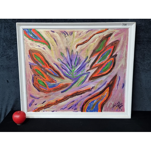 730 - A vibrant original oil on canvas painting. Features a lilac flower and leaves. Rendered in lilac sha... 