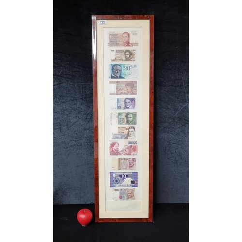 732 - A collage of Currency notes from around the world. Including Ireland, Netherland and France. Housed ... 