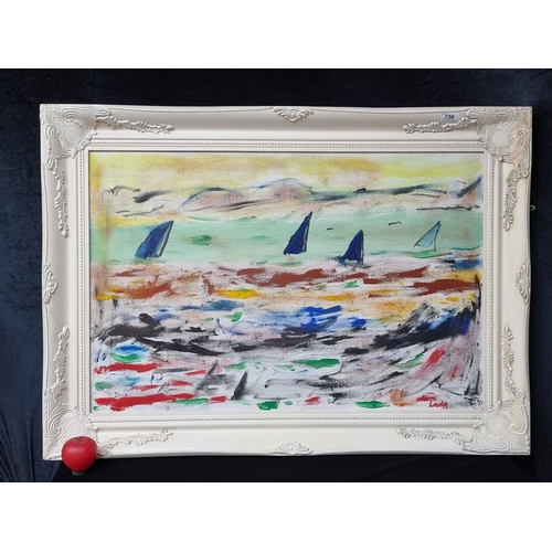 736 - Star Lot: A massive energetic oil on board painting. Features sailing boats in an abstract style. Re... 