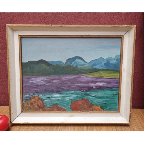 805 - An original oil on canvas painting. Features a landscape scene with the sea, mountains and grassland... 