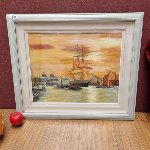 810 - A fabulous original oil on board painting. Features Maritime Galleon ships and figures with Venetian... 