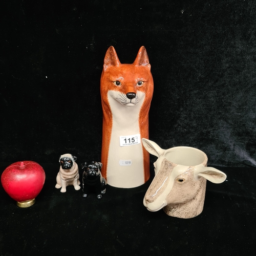 115 - Four Quail ceramic items including two vases in a tall fox and sheep  and a salt & pepper shaker in ... 