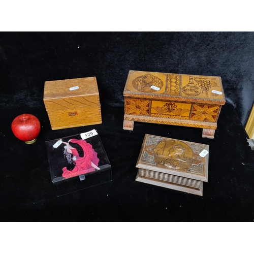 129 - A lovely selection of $ vintage boxes. Including three hand made wooden examples. One featuring intr... 