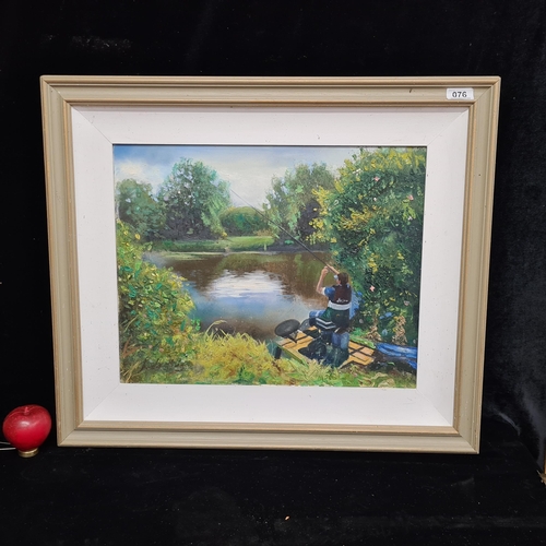 76 - An original 'Imelda Hickey' oil on canvas painting. Features a landscape scene with a man fishing by... 