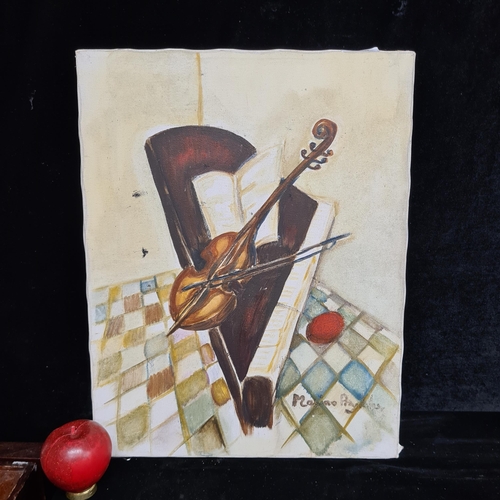 79 - An original oil on canvas painting. Features a abstract still life study of a violin and piano. Rend... 