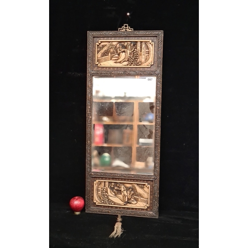 87 - Star Lot : An antique wooden relief carved beveled mirror featuring Chinese narratives.
MM: 34 x 33 ... 