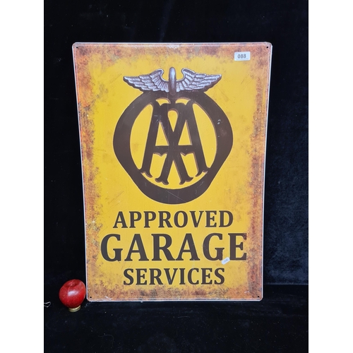 88 - A large printed metal wall sign of vintage advertising for Approved Garage Services.  MM: 50cm X 70c... 