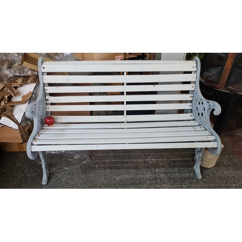 704 - Star lot : Victorian very heavy cast metal white wooden garden bench with ornate cast iron sides fea... 