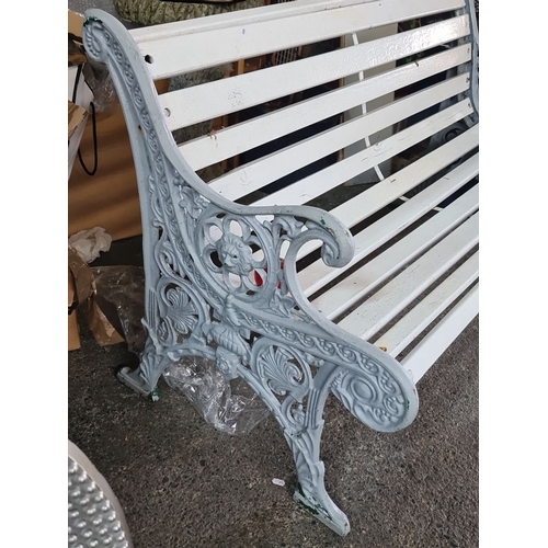 704 - Star lot : Victorian very heavy cast metal white wooden garden bench with ornate cast iron sides fea... 