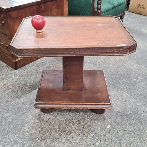 748 - Early 20th-century wooden side table with Greek key design, solid pedestal base, and octagonal top. ... 