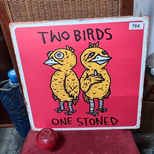 764 - A Vintage-style metal sign with a depiction of two cartoon birds and the text 